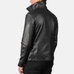 Men’s Black Leather Bomber Button-Up Jacket Back