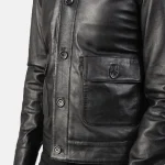 Men’s Black Leather Bomber Button-Up Jacket Close-Up View