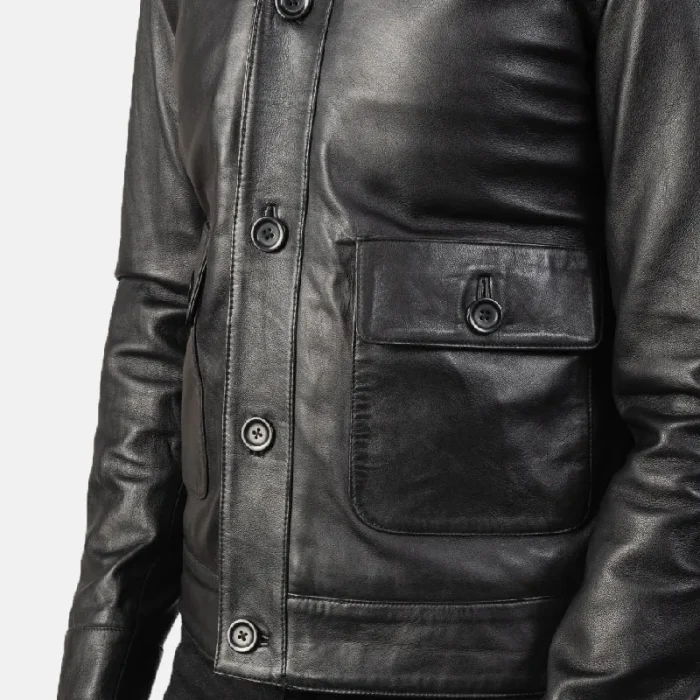 Men’s Black Leather Bomber Button-Up Jacket Close-Up View