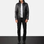 Men’s Black Leather Bomber Button-Up Jacket Wearing Look