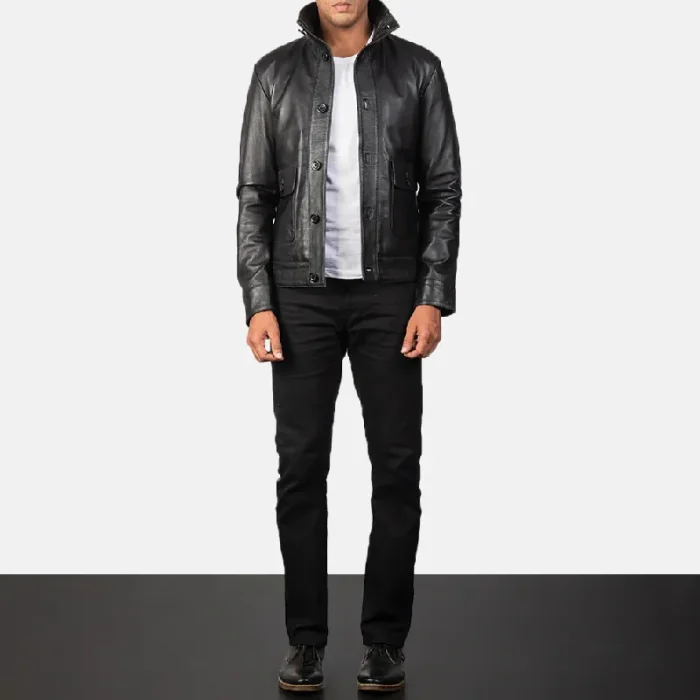 Men’s Black Leather Bomber Button-Up Jacket Wearing Look