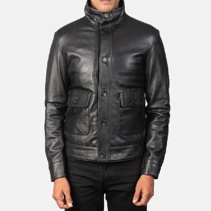 Men’s Black Leather Bomber Button-Up Jacket Front View