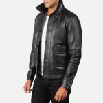 Men’s Black Leather Bomber Button-Up Jacket Side View