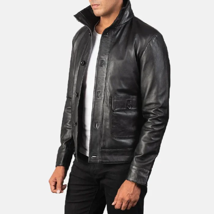 Men’s Black Leather Bomber Button-Up Jacket Side View