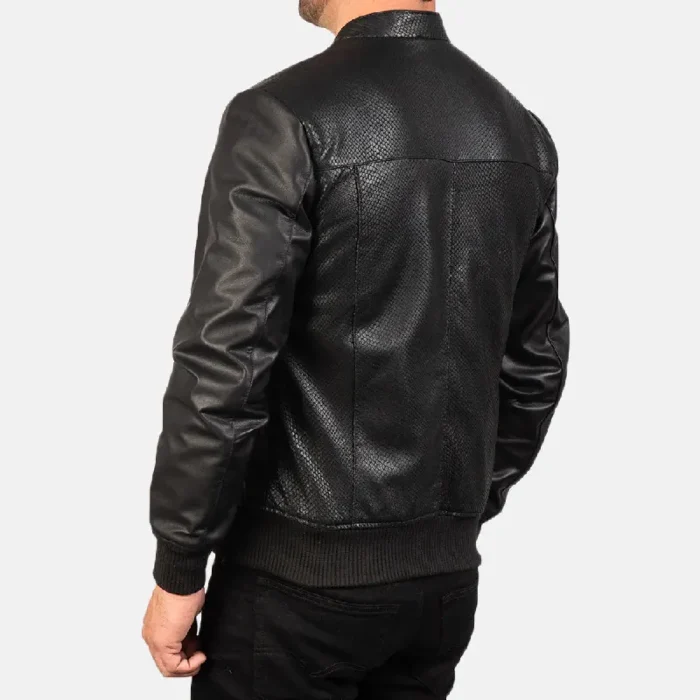 Men'S Black Leather Bomber Zip-Up Jacket Back