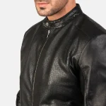 Men's Black Leather Bomber Zip-Up Jacket Close View