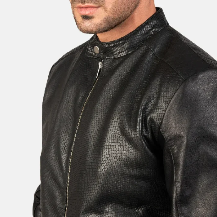 Men'S Black Leather Bomber Zip-Up Jacket Close View