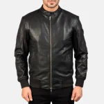 Men's Black Leather Bomber Zip-Up Jacket Front