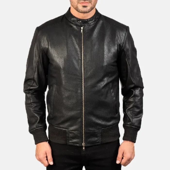 Men'S Black Leather Bomber Zip-Up Jacket Front