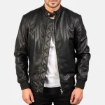 Men's Black Embossed Leather Zip-Up Bomber Jacket