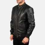Men's Black Leather Bomber Zip-Up Jacket Side