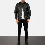 Men's Black Leather Bomber Zip-Up Jacket Wearing Look