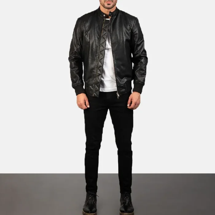 Men'S Black Leather Bomber Zip-Up Jacket Wearing Look