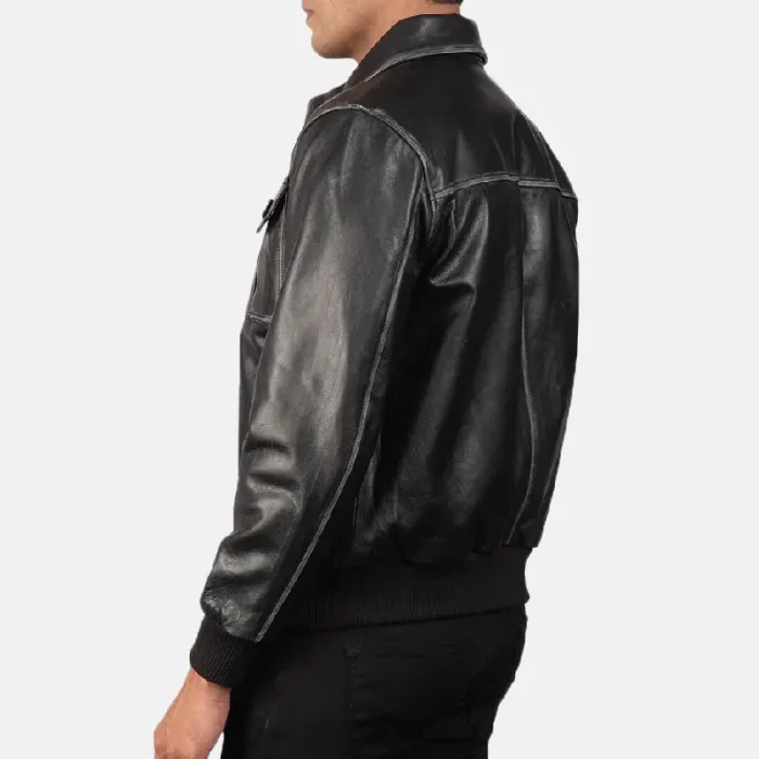 Black Leather Cafe Racer Bomber Jacket - Image 5