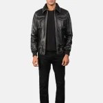 Men's Black Leather Cafe Racer Bomber Jacket Front
