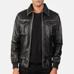 Men's Black Leather Cafe Racer Bomber Jacket