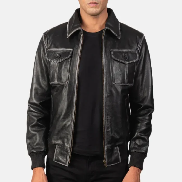 Men'S Black Leather Cafe Racer Bomber Jacket