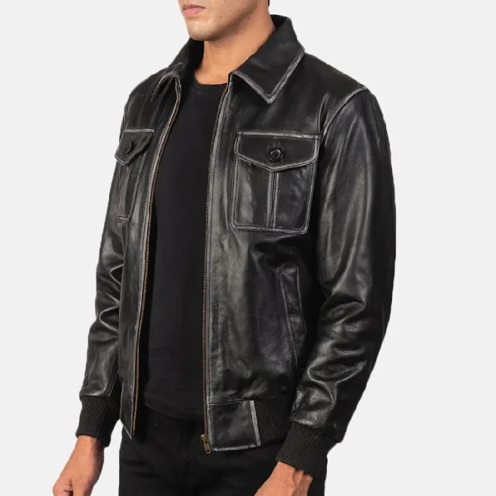 Men'S Black Leather Cafe Racer Bomber Jacket Side