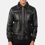 Men's Black Leather Cafe Racer Bomber Jacket Zip Up