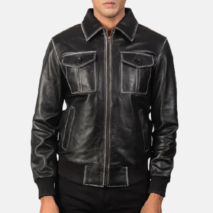 Men'S Black Leather Cafe Racer Bomber Jacket Zip Up
