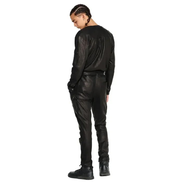 Men'S Black Leather Cargo Jumpsuit Back