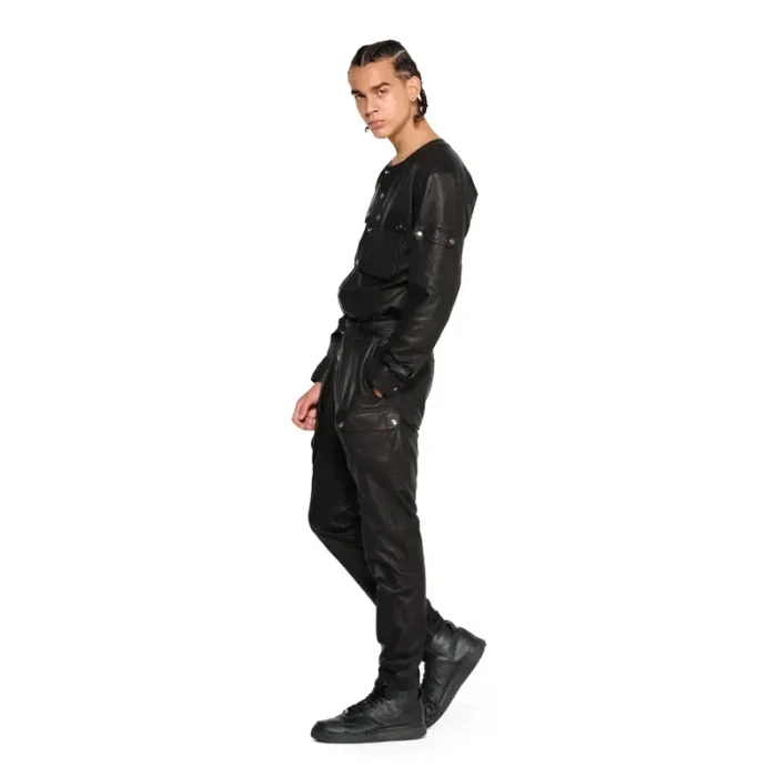 Men'S Black Leather Cargo Jumpsuit Look