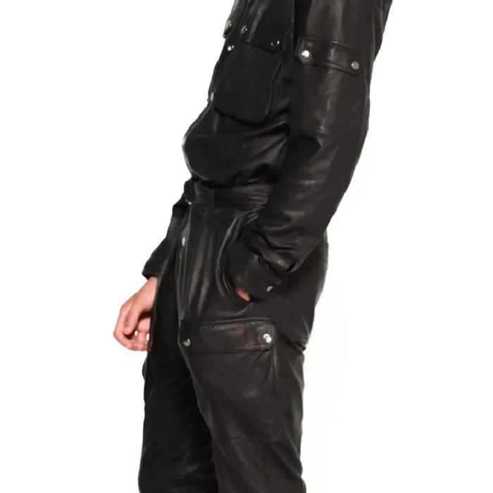 Men'S Black Leather Cargo Jumpsuit Side
