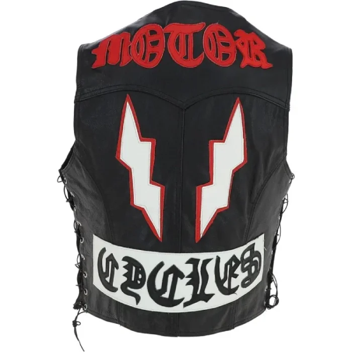 Men'S Black Leather Laced Patch Waistcoat Biker Vest Back View