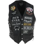 Men's Black Leather Laced Patch Waistcoat Biker Vest