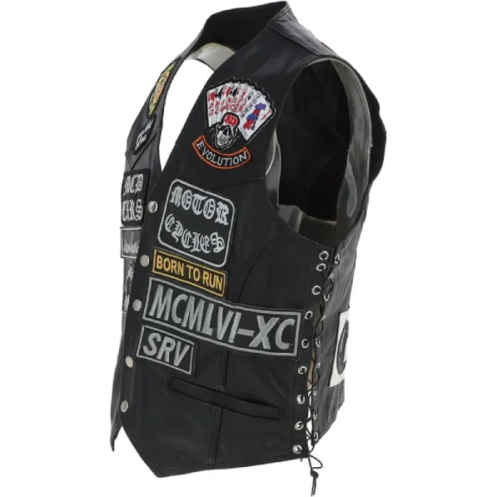 Men'S Black Leather Laced Patch Waistcoat Biker Vest Side