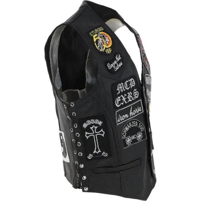 Men'S Black Leather Laced Patch Waistcoat Biker Vest Side View