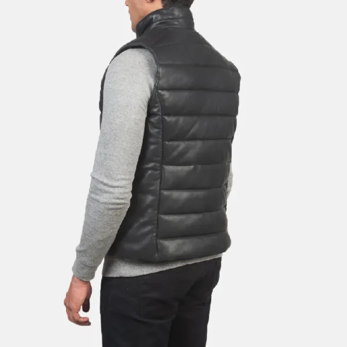 Men'S Black Leather Puffer Vest Back