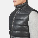 Men's Black Leather Puffer Vest Close View
