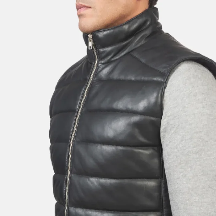 Men'S Black Leather Puffer Vest Close View