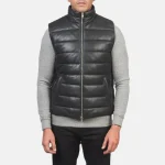 Men's Black Leather Puffer Vest Front View