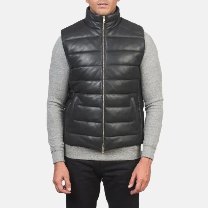 Men'S Black Leather Puffer Vest Front View