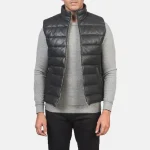 Men's Black Leather Puffer Vest