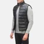 Men's Black Leather Puffer Vest Side