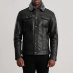 Men's Black Leather Shearling Trucker Jacket Front