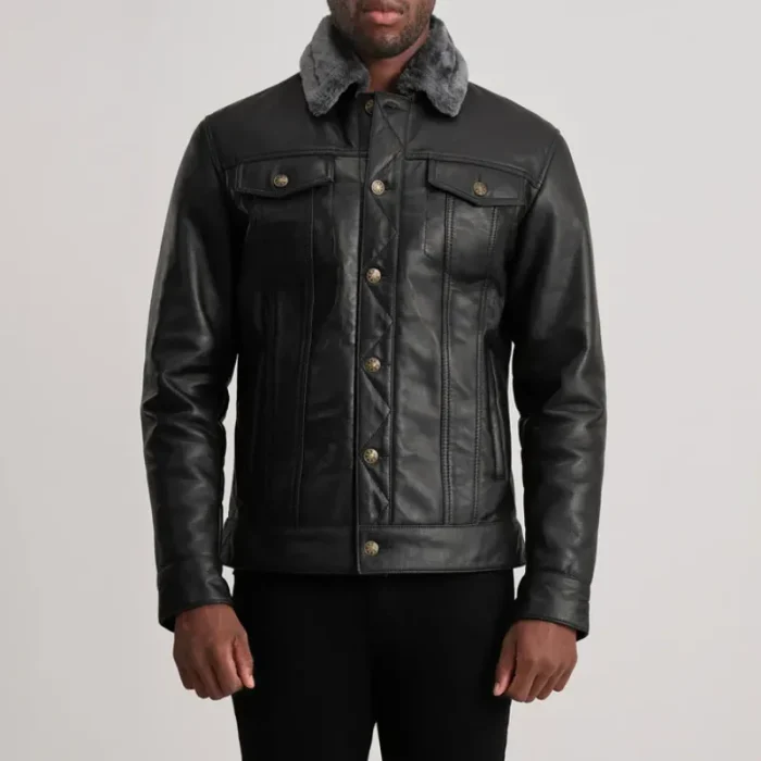 Men'S Black Leather Shearling Trucker Jacket Front