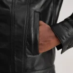 Men's Black Leather Shearling Trucker Jacket Close Up