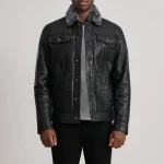 Men's Black Leather Shearling Trucker Jacket