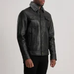 Men's Black Leather Shearling Trucker Jacket Side