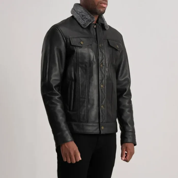 Men'S Black Leather Shearling Trucker Jacket Side