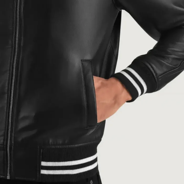 Men'S Black Leather Varsity Jacket Close