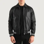 Men's Black Leather Zip-up Varsity Jacket