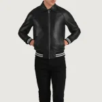 Men's Black Leather Varsity Jacket Zip UP