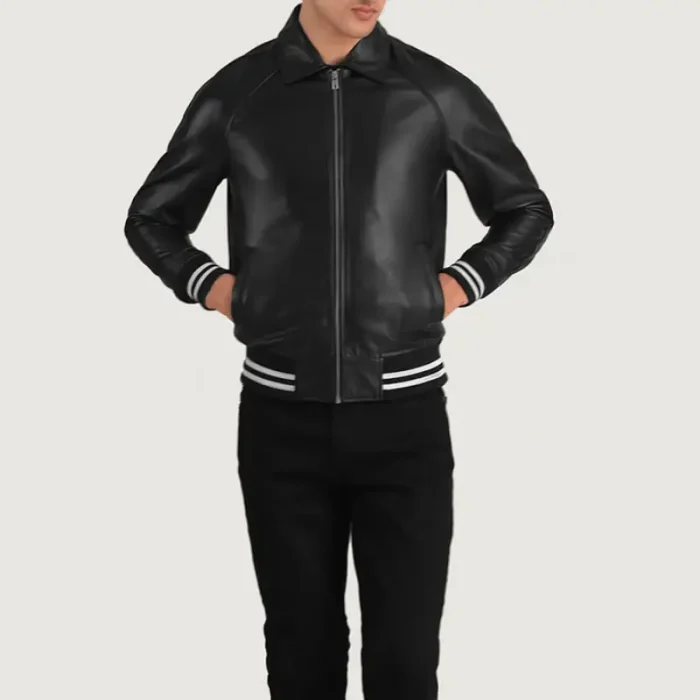 Men'S Black Leather Varsity Jacket Zip Up