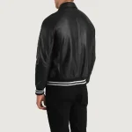 Men's Black Leather Varsity Zip-Up Jacket Back View