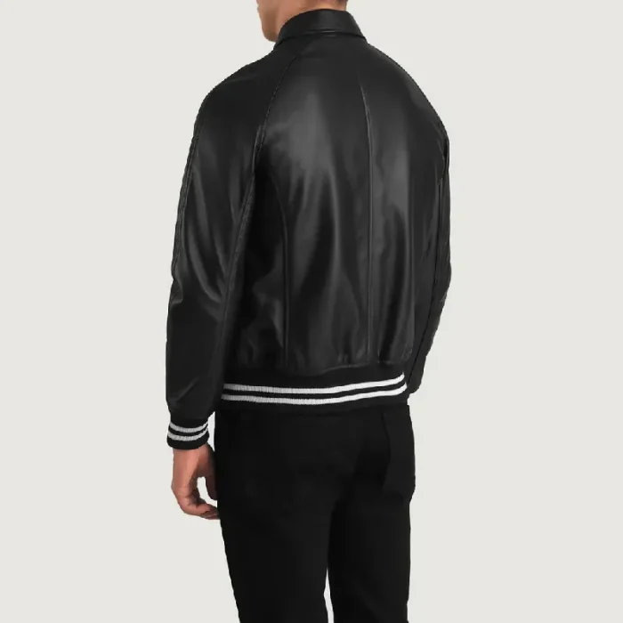 Men'S Black Leather Varsity Zip-Up Jacket Back View